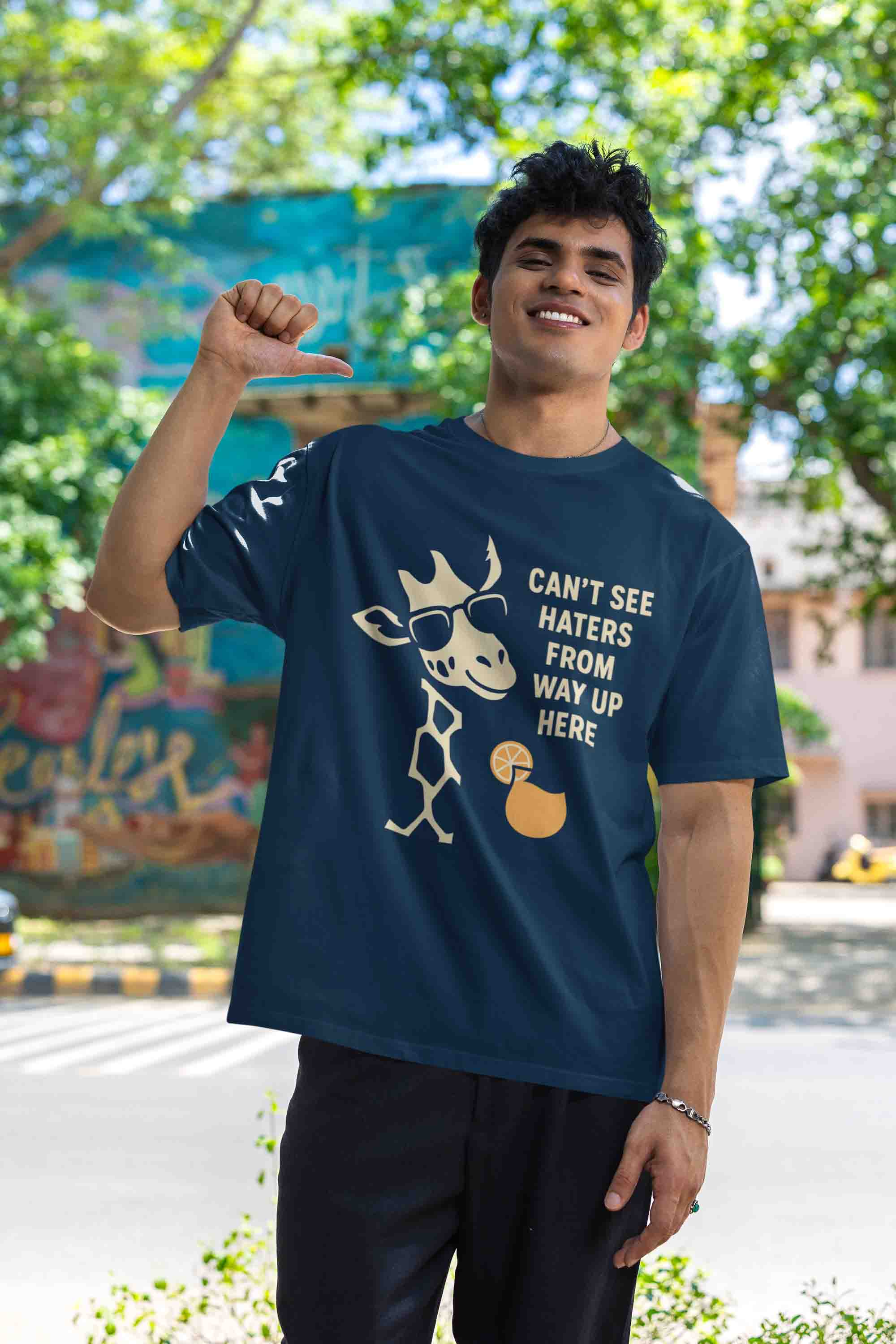 Navy Blue Odd Giraffe Attitude- Men Oversized Tee