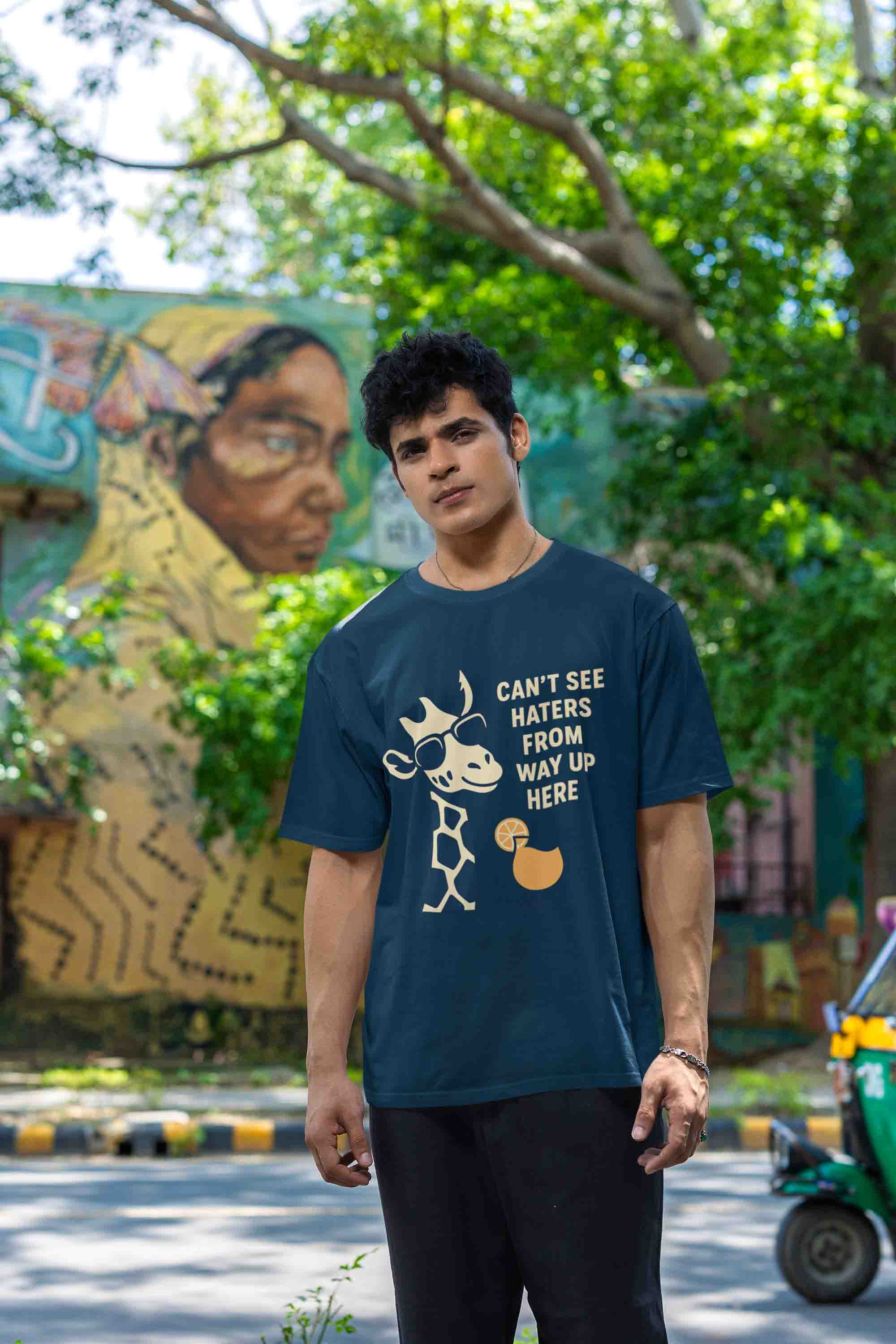 Navy Blue Odd Giraffe Attitude- Men Oversized Tee image 3