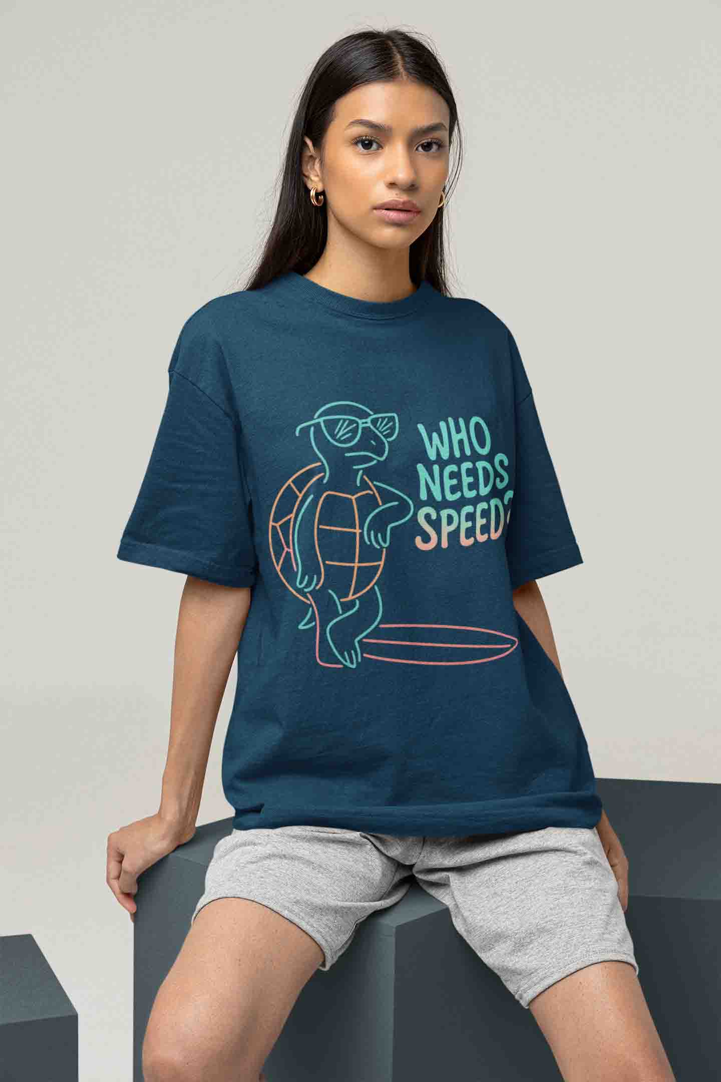 Who Needs Speed? Women Oversized Tee (Navy Blue)