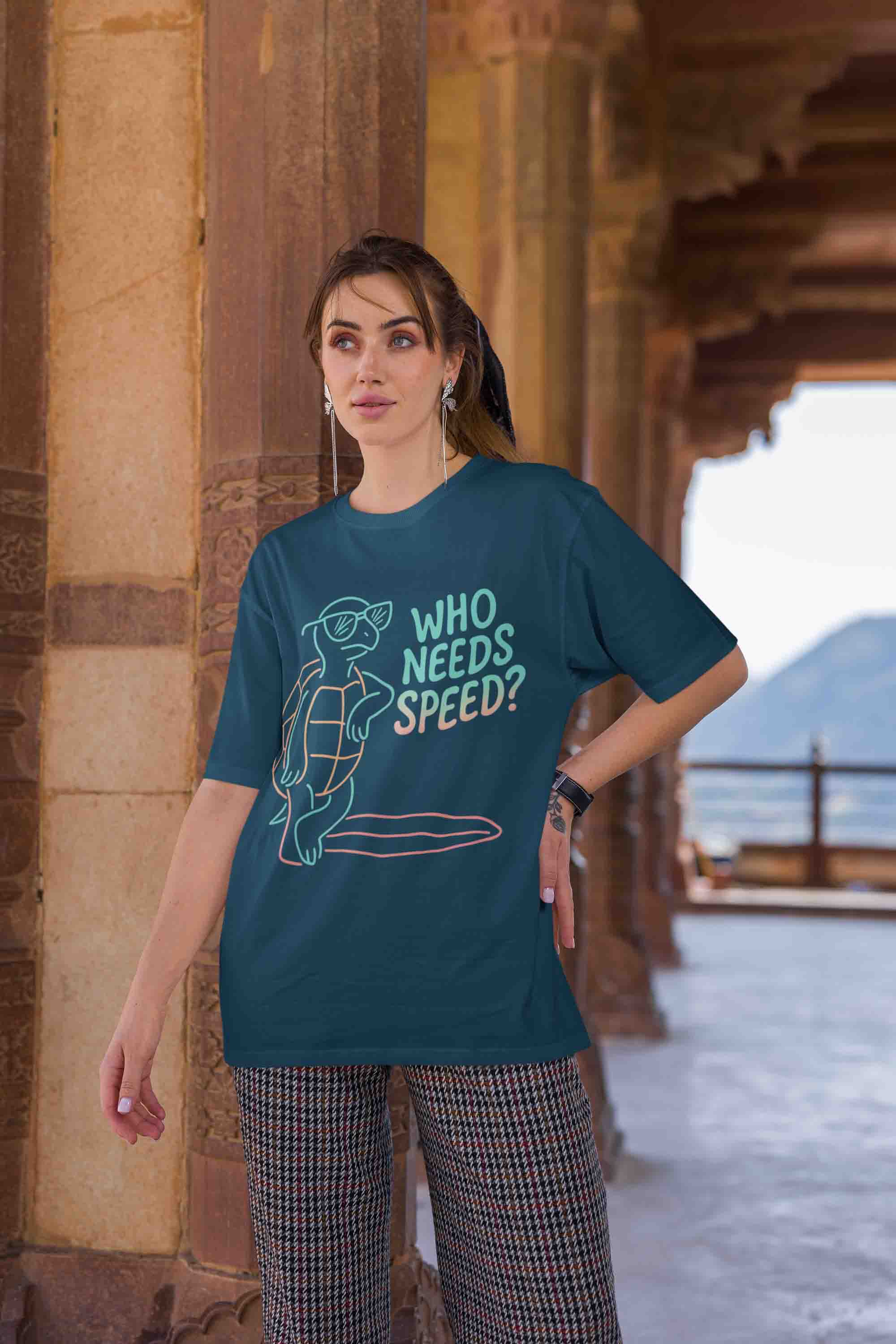 Who Needs Speed? Women Oversized Tee (Navy Blue) image 3